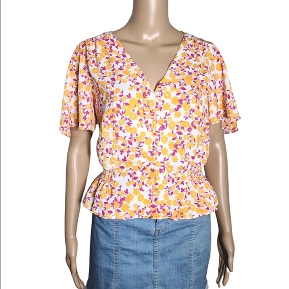TOPSHOP Yellow & Pink Floral Button Down Top - Picture 6 of 9
